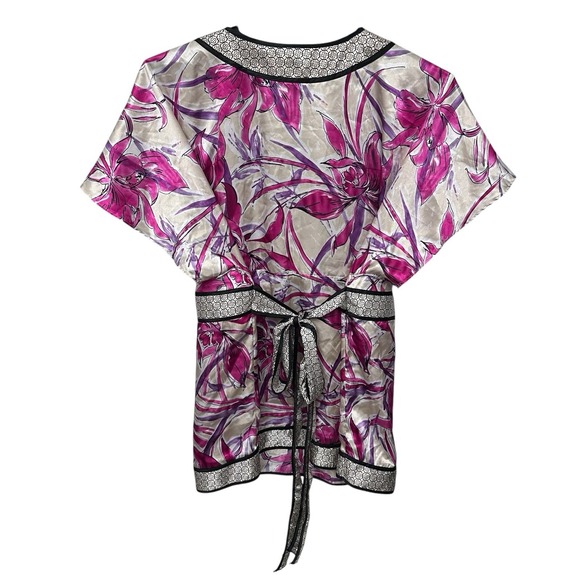 Lane Bryant Blouse Women 22/24 Pink Beige Black Floral Top Tie Back Short Sleeve - Picture 4 of 8